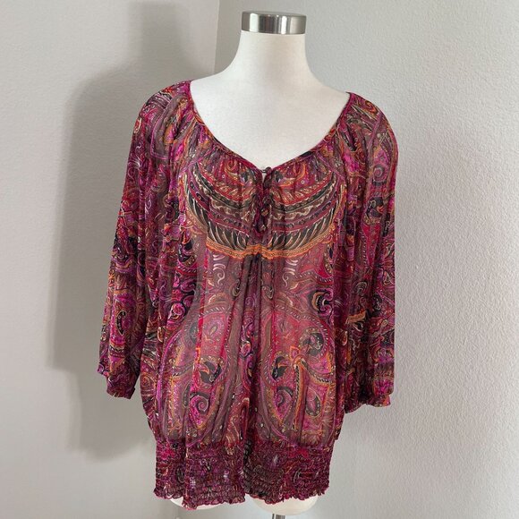 INC International Concepts Womens Plus 2X Paisley Blouse Dolman Sleeve Sheer Top - Picture 1 of 10